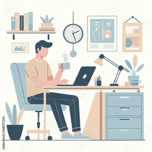 Digital Office Dweller: An artistic vector depiction of an individual engrossed in their workspace, laptop at the ready, as they take a pause, enjoying their morning coffee. 