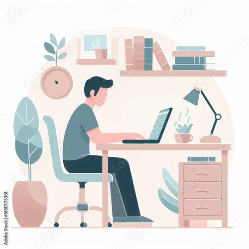 Digital Workspace: A person is engrossed in work, focused on a laptop, with a curated collection of accessories for a comfortable work from home environment.