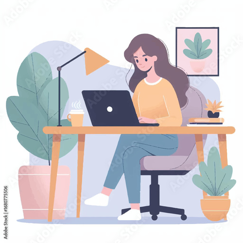 Digital Serenity: A girl finds focus, absorbed in her tasks at a home desk, the scene artfully rendered in a blend of pastel hues. 
