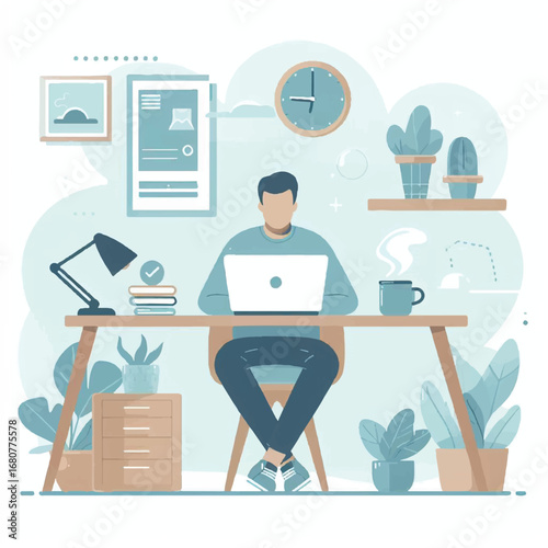 Digital workspace: A serene illustration captures a person diligently working on a laptop in a contemporary, cozy home office setup, designed to stimulate productivity and innovation. 