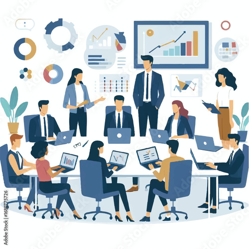 Business Strategy: A bird's-eye view of a modern business strategy session in progress, with diverse team members collaboratively analyzing data and charts