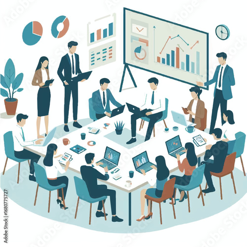 Business Meeting: A dynamic illustration of a business meeting, where professionals are engrossed in discussions, presentations, and collaborative efforts around a conference table.