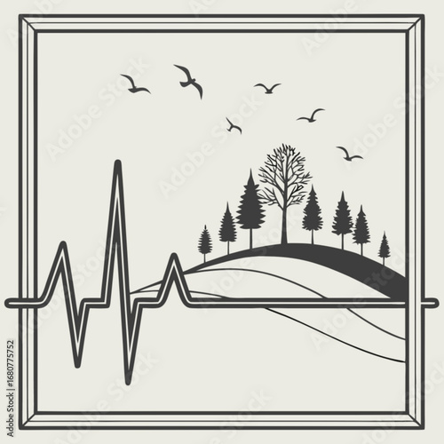 Minimilist illustration of a heartbeat line against a landscape with trees and birds inside a square frame design vector