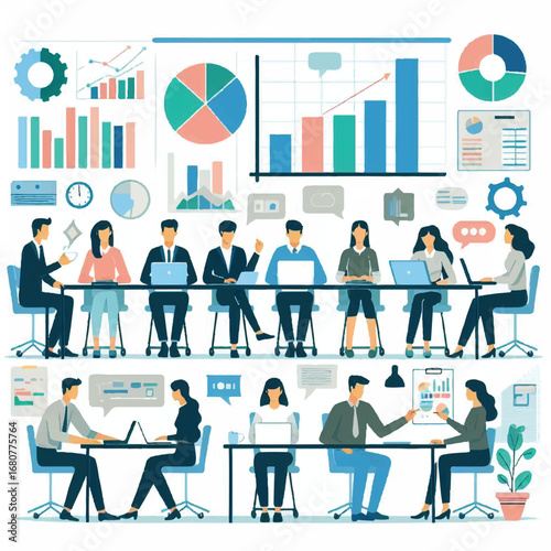 Business Meeting Data Analysis: A team of business professionals gathered around a table, immersed in analyzing complex charts and graphs, fostering collaboration and strategic discussions. 