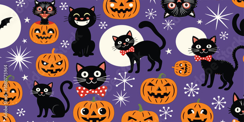 Vintage spooky cats and halloween pumpkins seamless vector pattern on purple background.