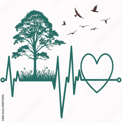 Minimilist silhouette of tree with birds heart and heartbeat line in green color on a white background art design vector