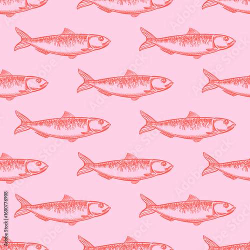 Red sardine seamless pattern. Vector hand drawn sketch illustration. Seafood doodle pink background. Marine print design
