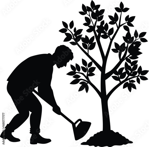 Silhouette of a man planting a tree symbolizing environmental conservation and growth on white background