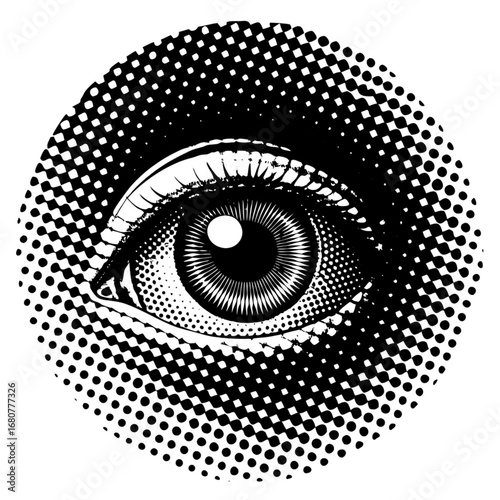 Minimilist detailed halftone eye illustration in a circular frame with intricate dot pattern and striking contrast vector