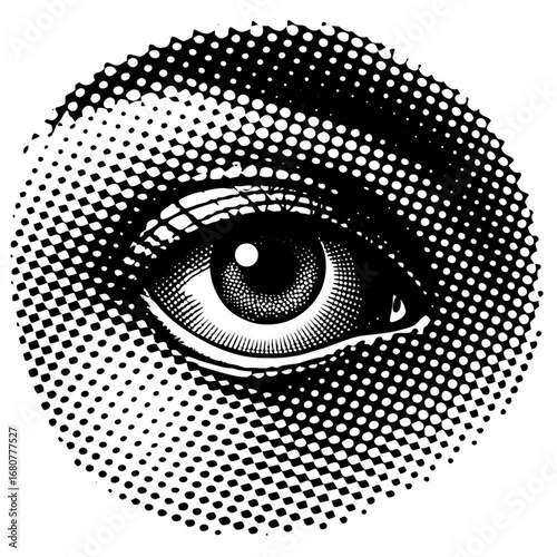 Minimilist close up of a detailed eye with halftone pattern surrounding it inside a circular shape design element vector