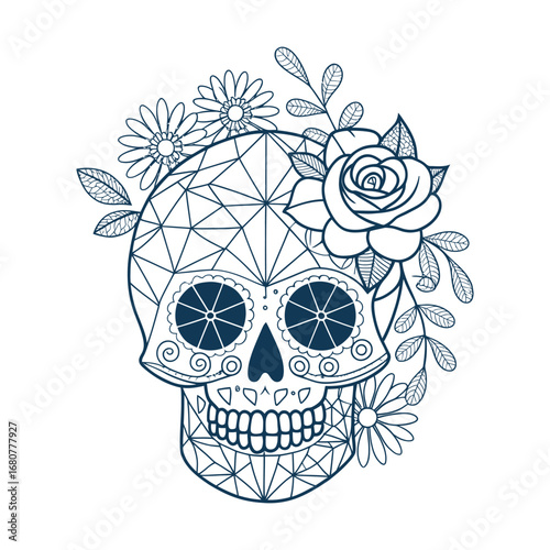Intricate geometric sugar skull adorned with flowers and leaves floral day of the dead art vector