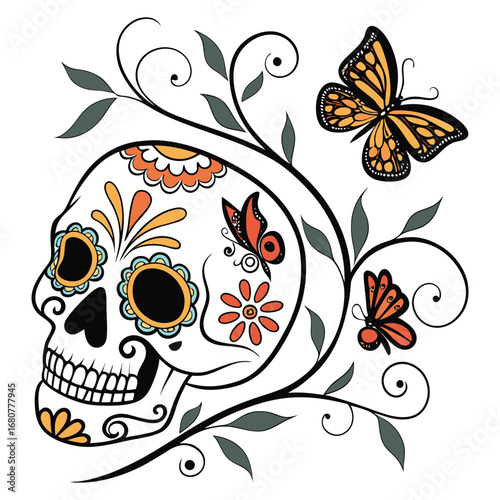 Ornate sugar skull with butterflies and floral swirls a vibrant dia de los muertos design vector