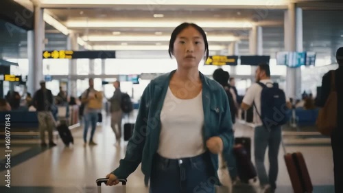 Young woman hurrying through an airport terminal with luggage