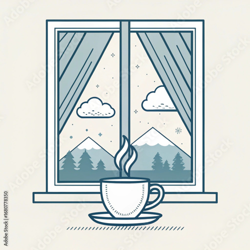 Minimilist a cup of coffee on a window sill with a view of mountains clouds and trees in a winter landscape scene vector