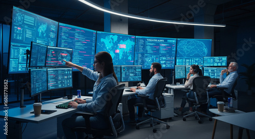 Team of Analysts Working on a Real-Time Data Visualization Project in a Modern Security Operation Center