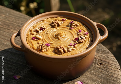 Creamy Nut Butter with Walnut and Floral Garnish in Rustic Clay Bowl on Wooden Surface