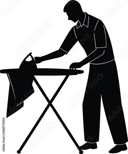 Silhouette of a man ironing clothes on an ironing board at home on white background