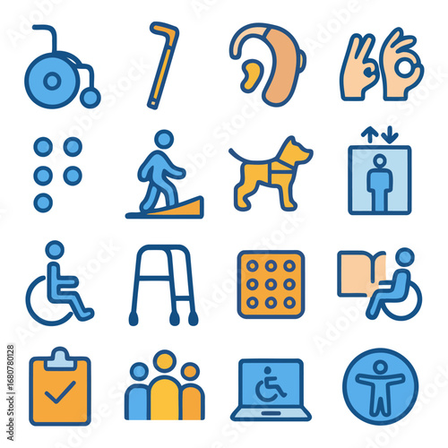 Assistive Icons: A set of vibrant, modern icons representing assistive devices and symbols. The designs are clean, accessible, and visually appealing.