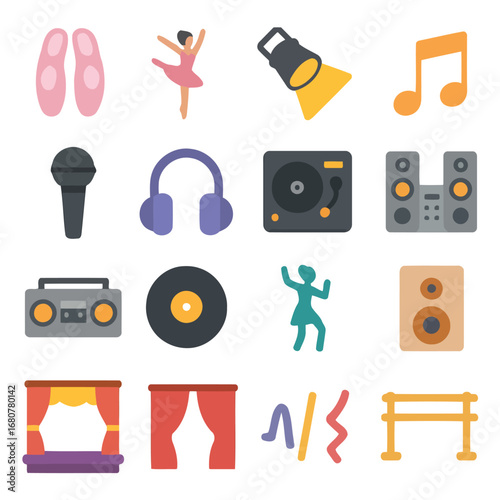 Dance and Music: A colorful set of flat icons of dance and music elements: ballet shoes, a dancer, spotlight, musical note, microphone, headphones, turntable, speakers, boombox, vinyl record.