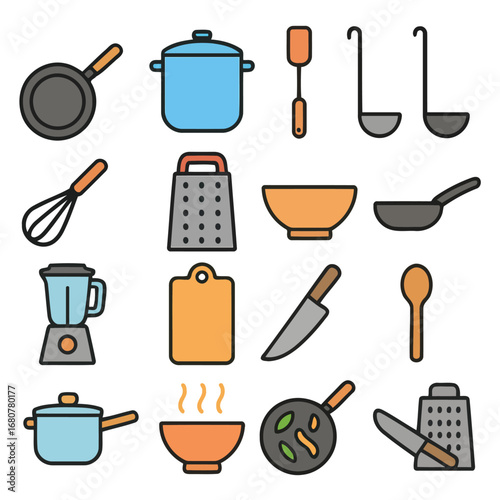 Essential Kitchen Utensils: A collection of vividly illustrated kitchen tools and cookware, encompassing everything required for culinary artistry.