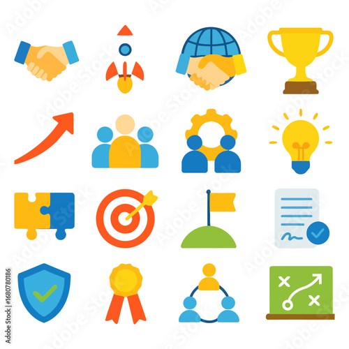 Business Icon Set: A collection of vibrant and symbolic icons representing various aspects of business, including partnership, innovation, success, and teamwork, all presented in a clean.