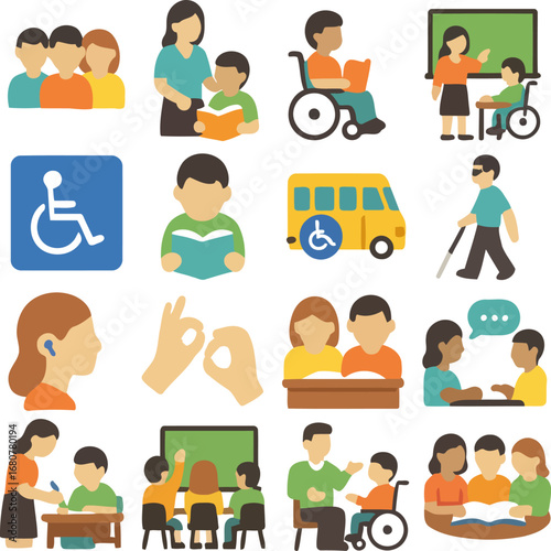 Inclusive Education: A collection of vibrant illustrations depicting a variety of individuals with disabilities, highlighting the importance of accessibility and inclusivity in education.
