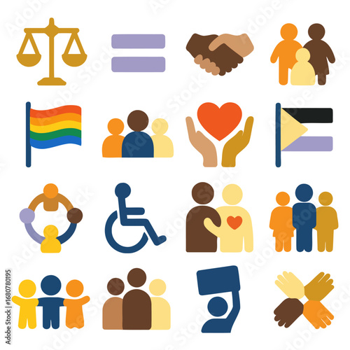 Inclusive Imagery: A vibrant array of symbols representing unity, equality, diversity, love, and justice, showcasing a commitment to inclusivity and social harmony.