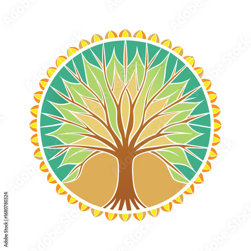 Vibrant mandala tree of life symbol with sunburst and leafy branches