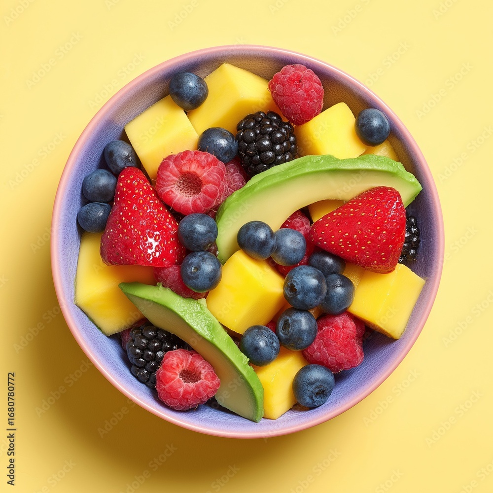 Obraz premium Colorful fruit salad with mango cubes, avocado slices, strawberries, blueberries, raspberries, and blackberries in pastel bowl on yellow background.