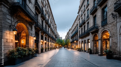 European city street at dawn.  Buildings line a paved thoroughfare, illuminated by golden light