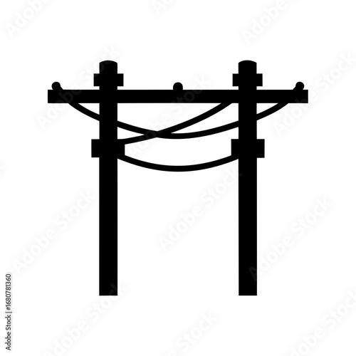 Silhouette of vintage power line infrastructure with electrical wiring and posts