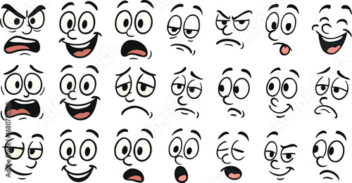 Cartoon Faces Expressions Set Happy, Sad, Angry, Surprised