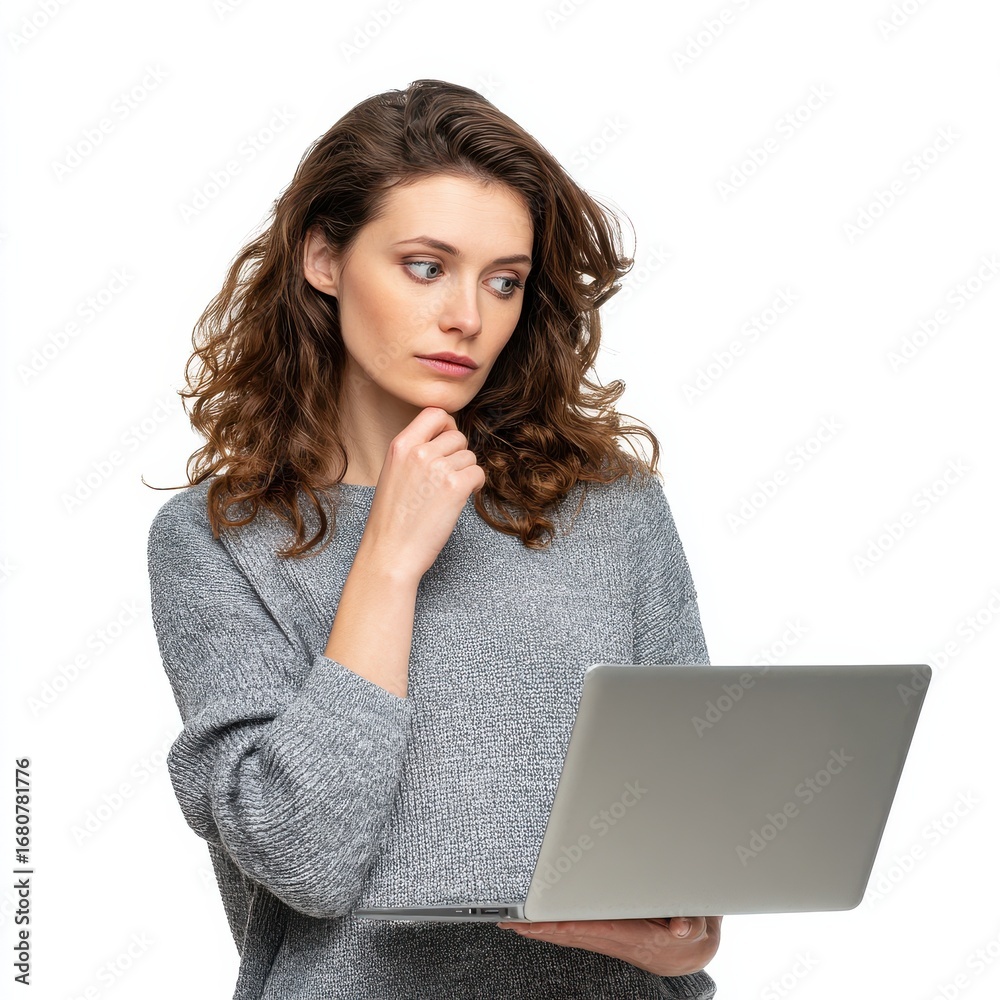 Fototapeta premium A woman with wavy hair contemplates while interacting with her laptop. She appears focused and engaged, dressed in a cozy sweater. Soft lighting highlights her expression and surroundings.
