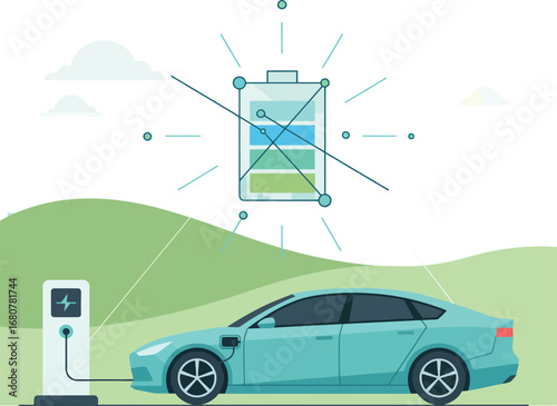 Vector art of electric car charging at station with battery indicator and green energy concept