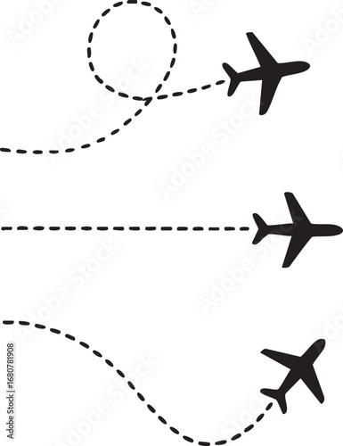 Airplane silhouette with dotted flight path on white background