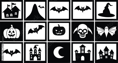 Halloween Icon Set Grid of Twelve Spooky and Festive Vector Illustrations