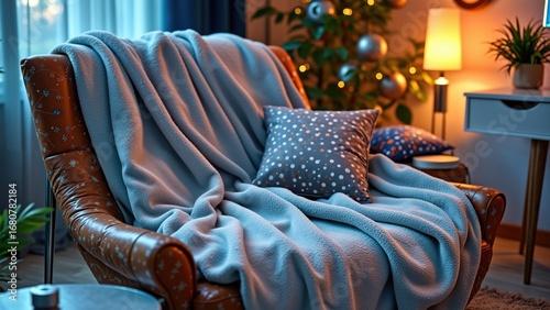 Cozy living room with blanket on armchair and warm lighting ambiance