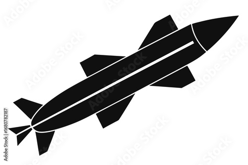 Black Silhouette of Missile with Winglets and Tail Fins on White Background