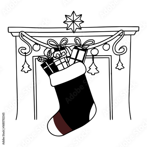 Christmas stocking filled with gifts hanging by the fireplace  