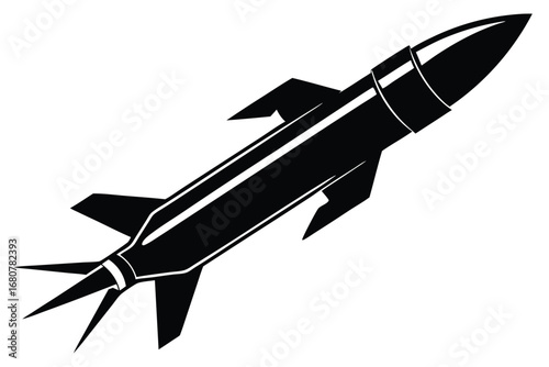 Monochrome Rocket Silhouette Soaring Skyward on a Clean White Background
