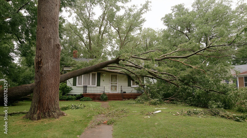 Large tree falling onto house in suburban neighborhood after storm.  Tree limb broken near house  