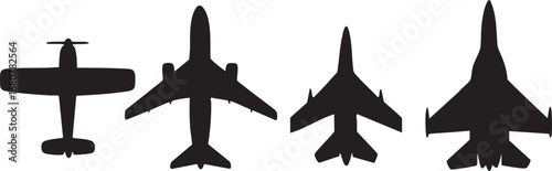 Fighter Jet and Airplane Silhouette Set Isolated on White