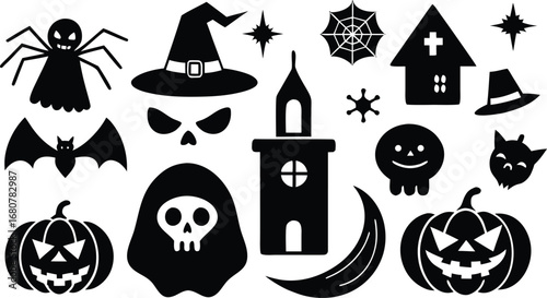 Flat Solid Black Halloween Icon Set on White Background for Spooky Designs