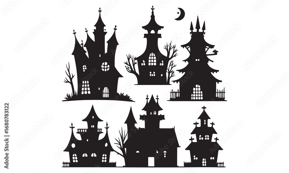 Fototapeta premium Spooky Halloween Witch, Haunted Houses, Pumpkins, Ghosts, and Bats Illustrations