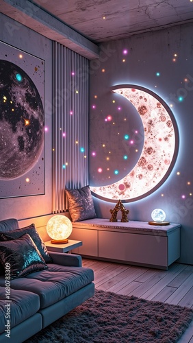Cozy modern living room with moon decoration and ambient lighting