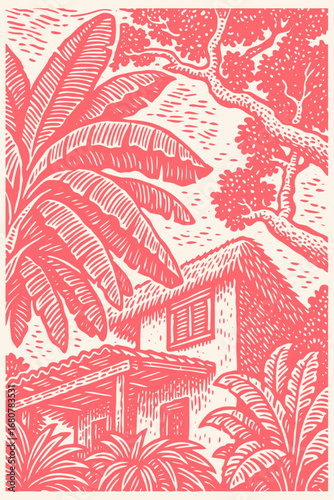 Tropical landscape with a bungalow and banana leaves. A monochrome vector illustration in a hand-drawn, vintage woodcut or linocut print style.