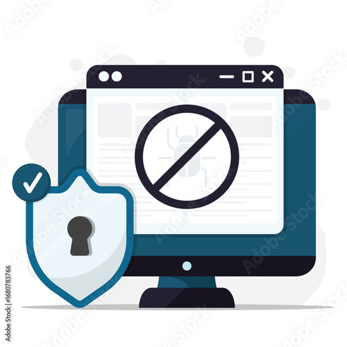 Computer security illustration showing shield lock icon and antivirus protection with malware prevention on desktop screen.