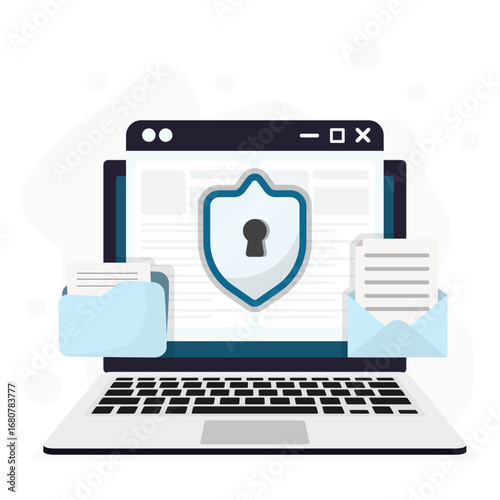 Cybersecurity illustration with laptop, shield lock icon, and secure file and email protection concept.