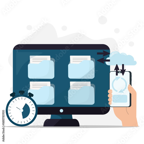 Cloud data transfer illustration. Showing file synchronization between computer and smartphone with fast backup concept.