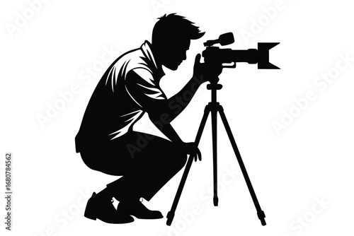 Silhouette of Photographer Crouching with Camera on Tripod with white background